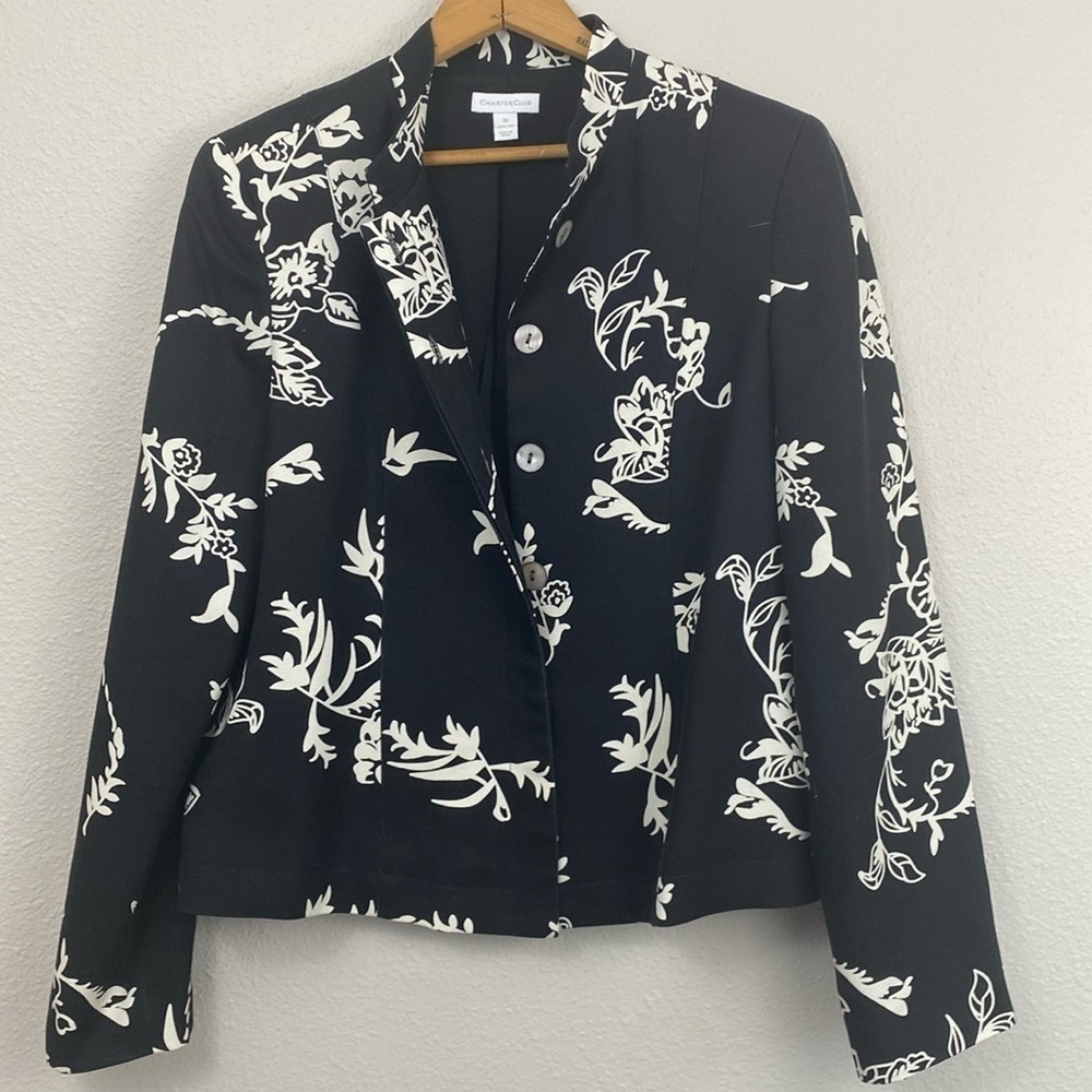 100% Silk Black and White Floral Print Lightweight Jacket Size 10